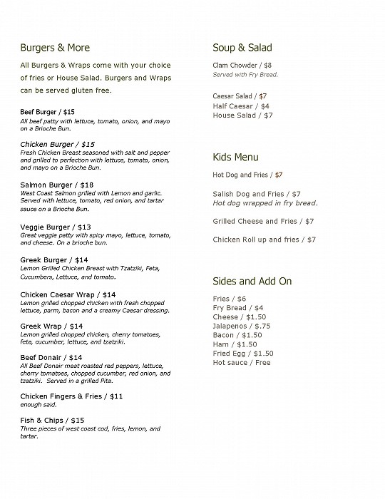 Saysutshun Concession & Menu - Saysutshun Newcastle Island